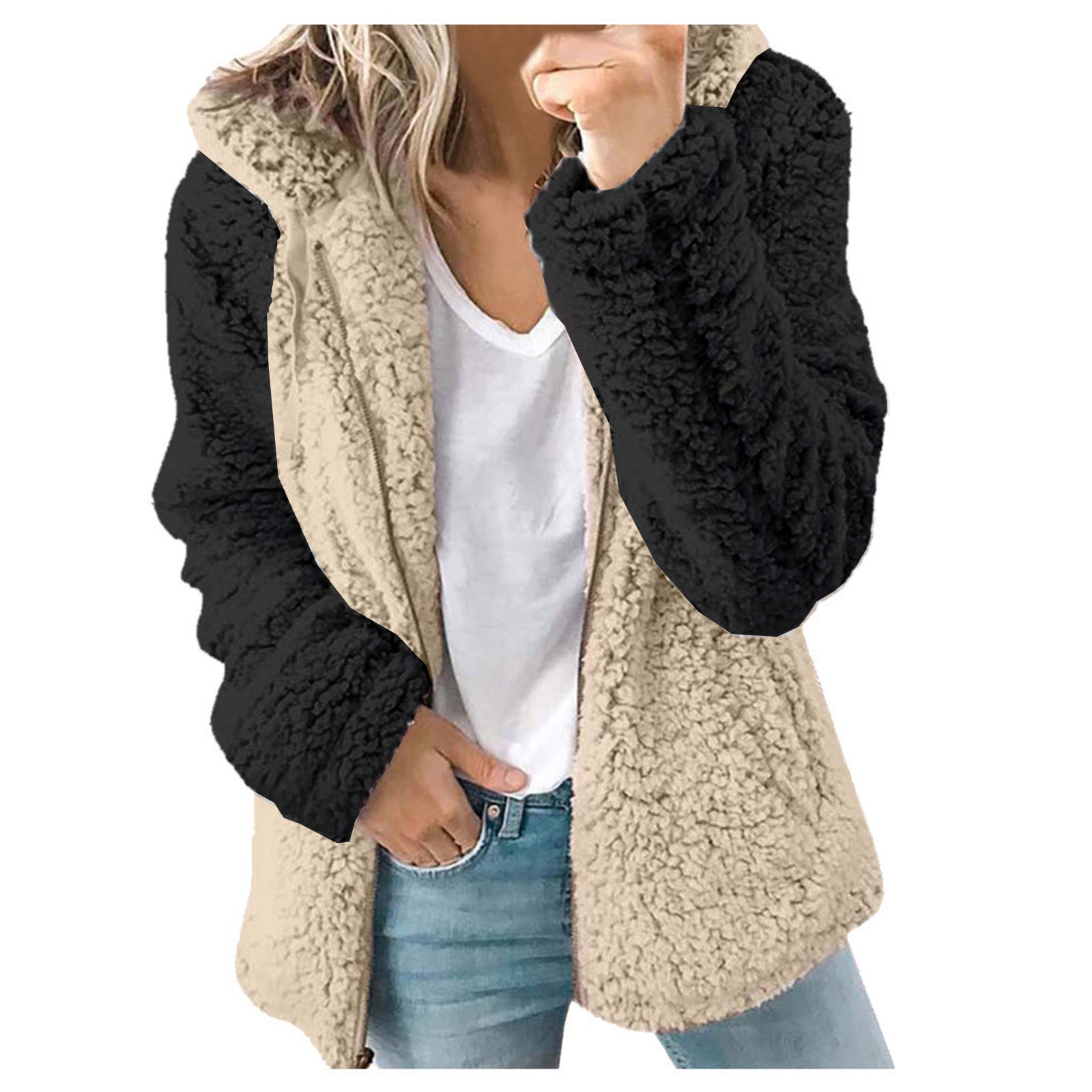 Dames Elegante Trendy Teddy Fleece Vest met Contrast Mouwen en Capuchon | Shantelle