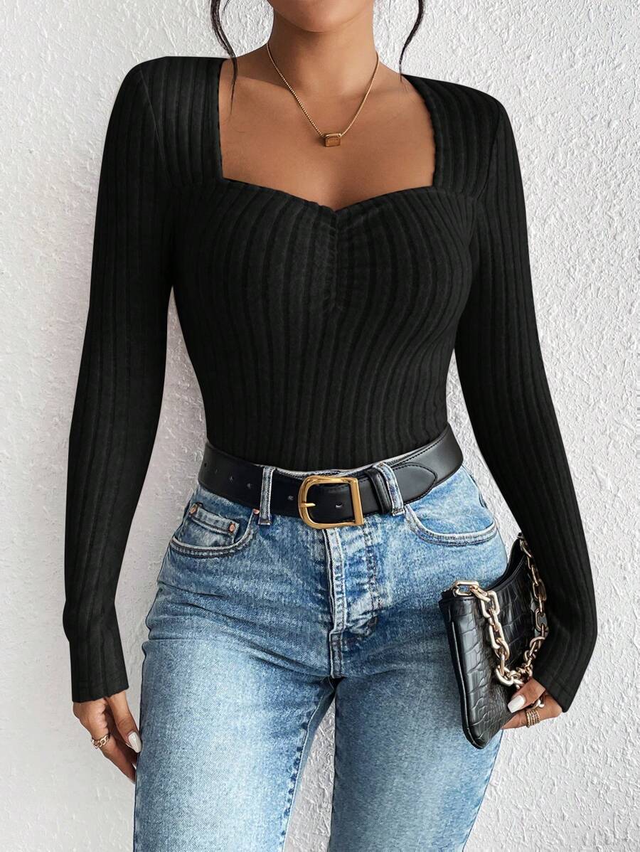 Dames Gebreide Rib Top met Geplooide Voorzijde | Tency
