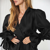 Dames Elegante Wikkelblouse met Strikceintuur en Wijde Mouwen | Hayda