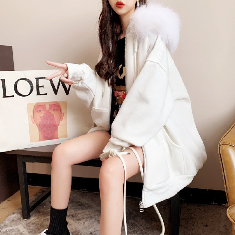 Dames Modieuze Oversized Hoodie met Rits en Zachte Bontkraag | Solandy