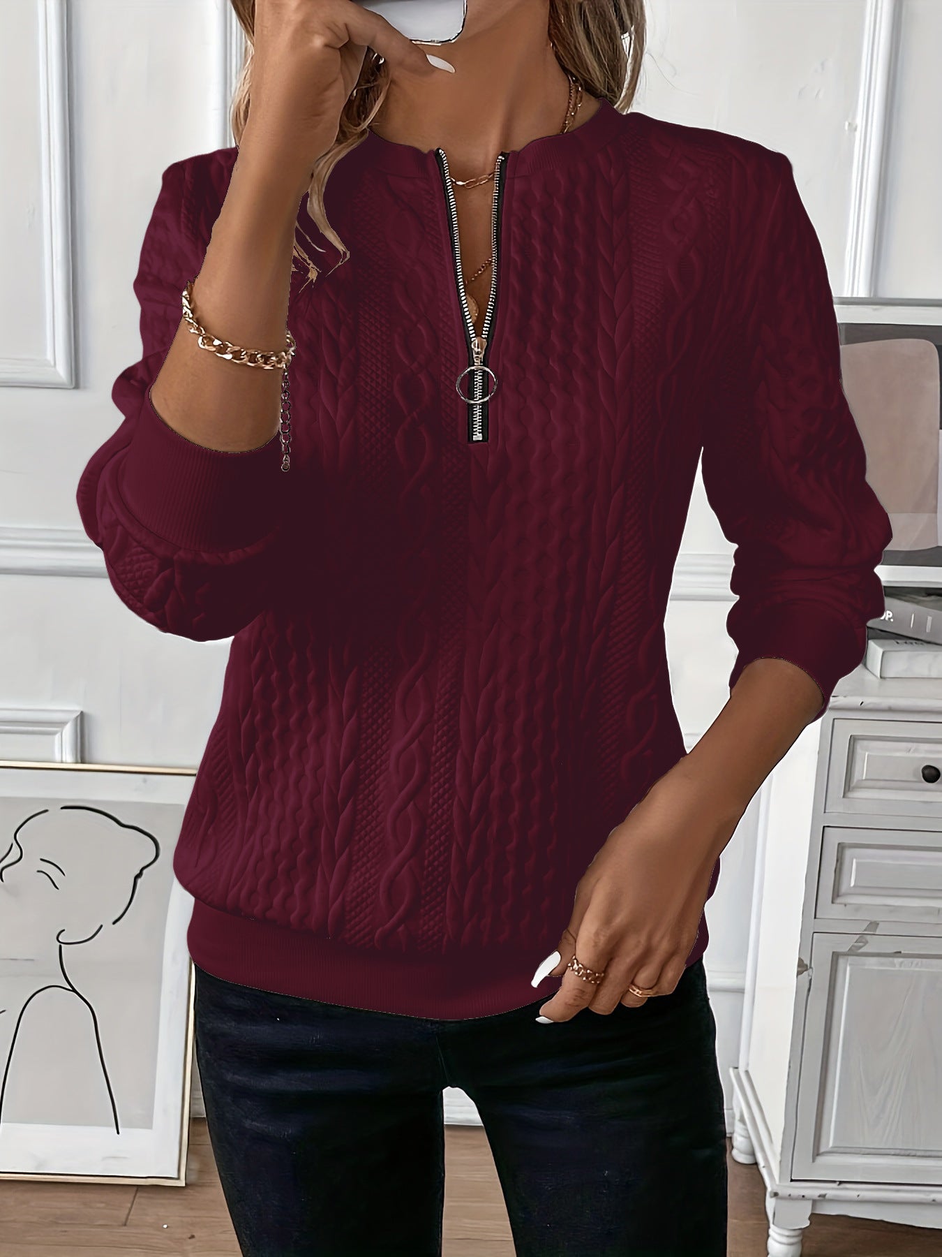 Dames Kabel Structuur Sweater Top met Rits | Simone