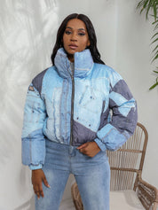 Dames Hippe Warme Puffer Jas met Denim Print | Bylola