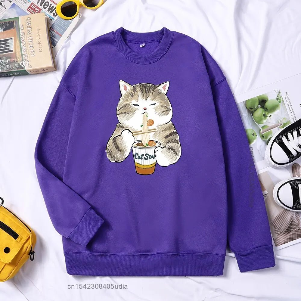 Dames Casual Crewneck met Katten en Noodles Print | Sunny