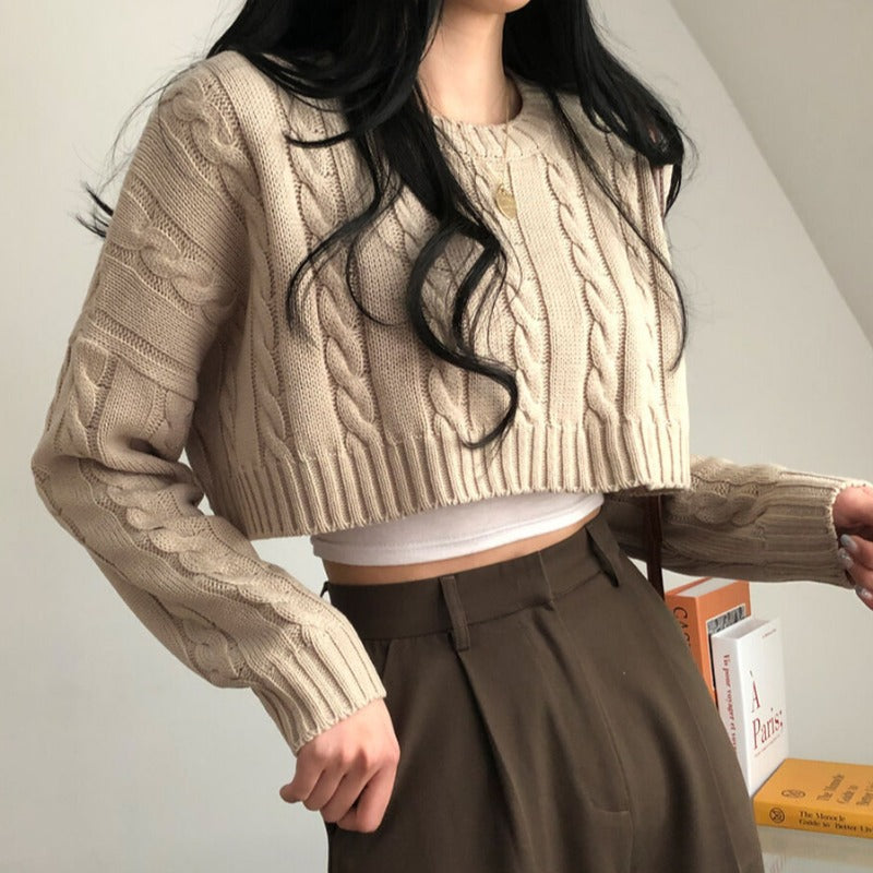 Dames Trendy Modieuze Cropped Trui met Ronde Hals en Kabel Patroon | Rimzy