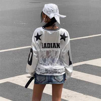 Dames Sportieve V-neck Jersey Top met Kant en Sportprint | Tania