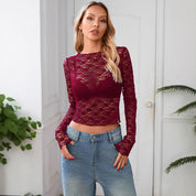 Dames Elegante Kanten Crop Top met Lange Mouwen | Tishan