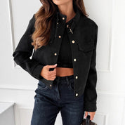 Dames Trendy Chique Korte Suede Look Jas met Gouden Knopen | Bekka