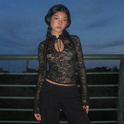 Dames Trendy Kanten Top met Lange Mouwen en Strikdetail | Tanoah