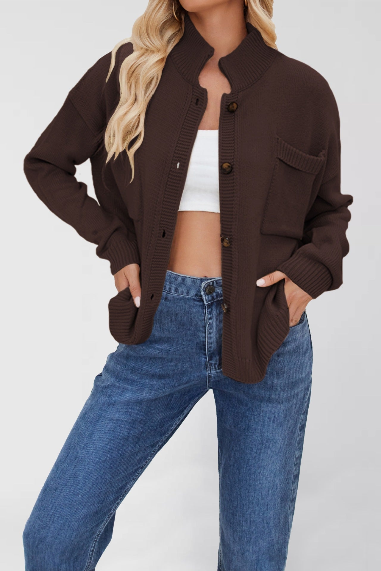 Dames Stijlvolle Zacht Gebreide Vest met Staande Kraag | Renea