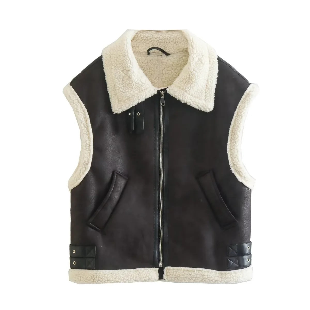 Dames Trendy Zachte Teddy Bodywarmer met Aviator Details | Blanesh