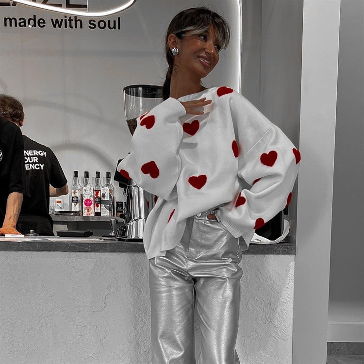 Dames Elegante Stijlvolle Ruimvallende Gebreide Trui met Harten Jacquard | Ralissa