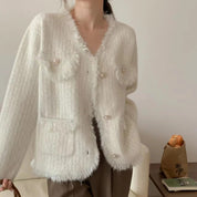 Dames Modieuze Trendy Parijs Style fluffy Vest met Parelknopen | Romee