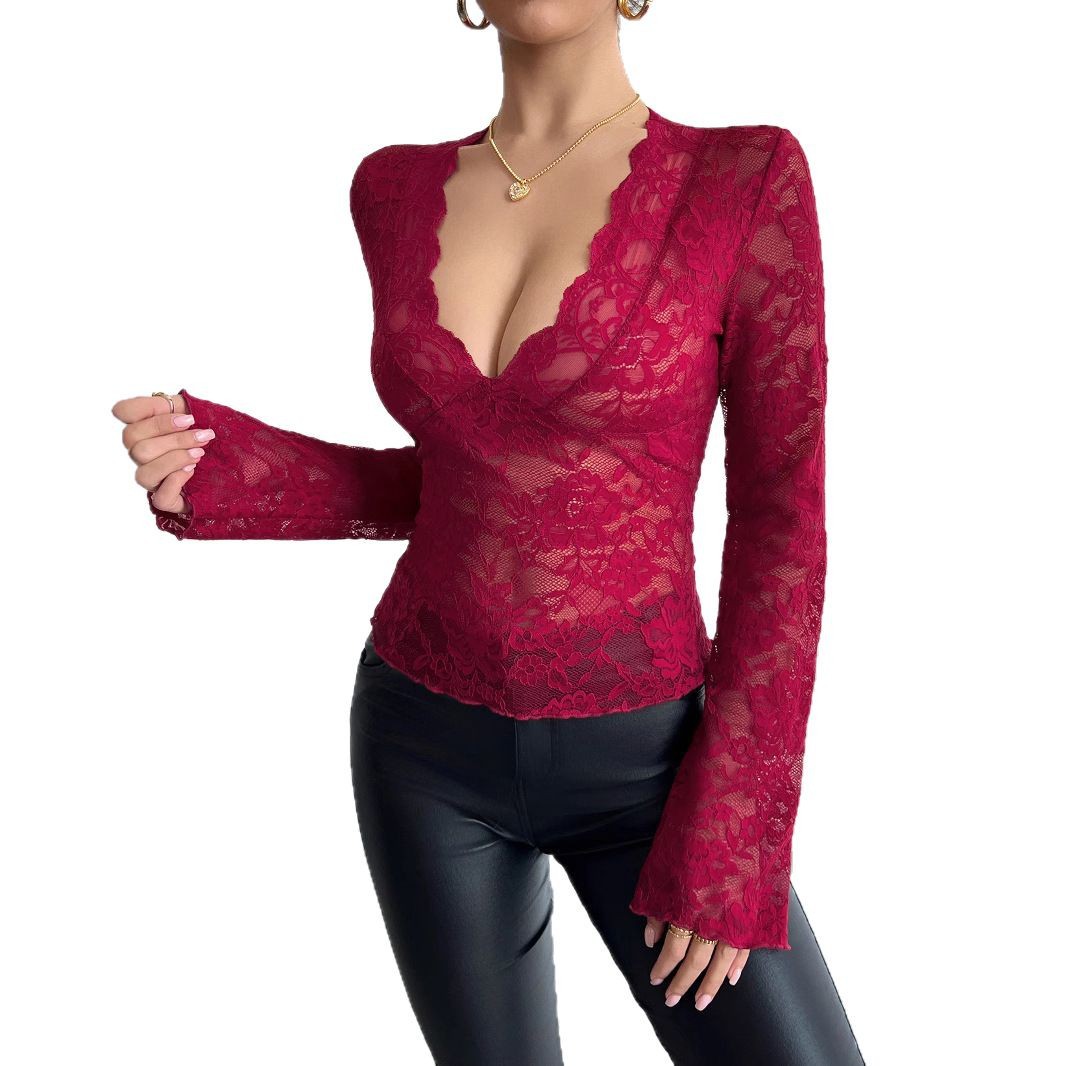 Dames Elegante Kanten Top met Diepe V-Hals en Lange Mouwen | Talice