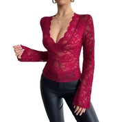 Dames Elegante Kanten Top met Diepe V-Hals en Lange Mouwen | Talice