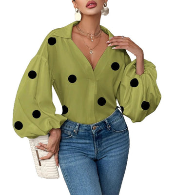 Dames Elegante Koreaanse Style Trendy Blouse met Ballon Mouwen en Grote Polka Dot Stippen Print | Hermalien
