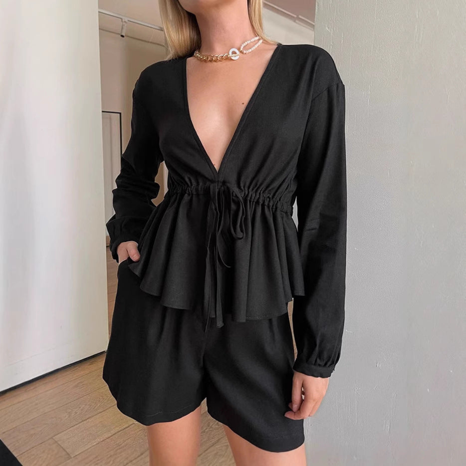 Dames Luchtige Tweedelige Set met V-Hals Top en Short | Dewa