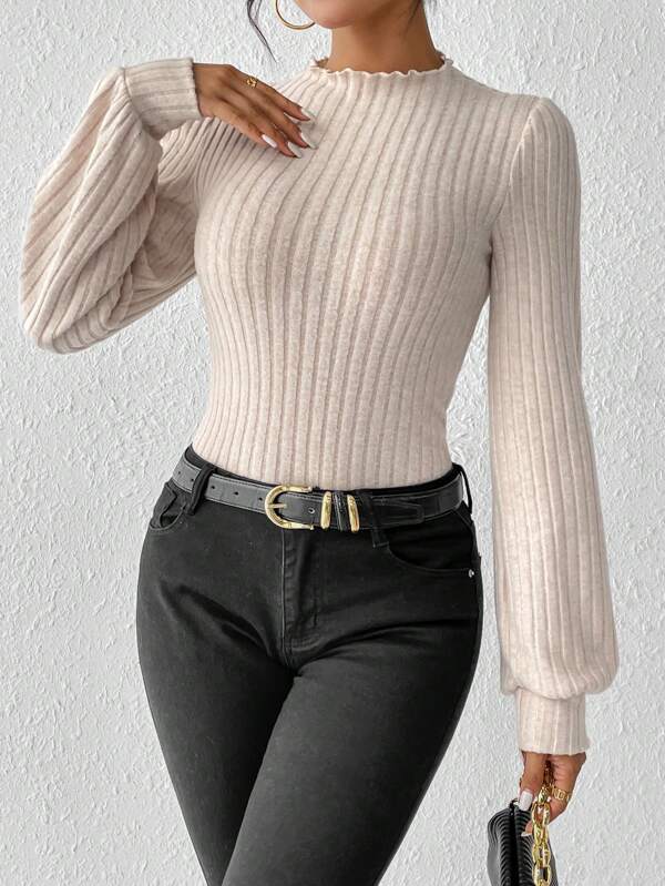 Dames Geribde Bodystocking Top met Pofmouwen | Tiffany