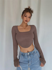 Dames Geribde Crop Top met Vierkante Hals | Thigeny