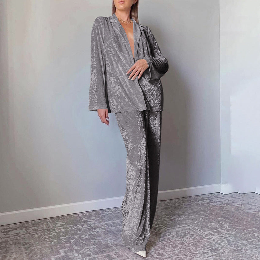 Dames Elegante Velvet Tweedelige set met Wijde Broek en Lange Mouwen Shirt | Dulcie