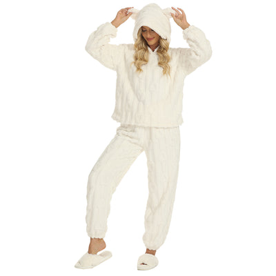 Dames Comfortabele Trendy Teddy Pyjama Set met Oortjes en Hartjes Print | Fedde