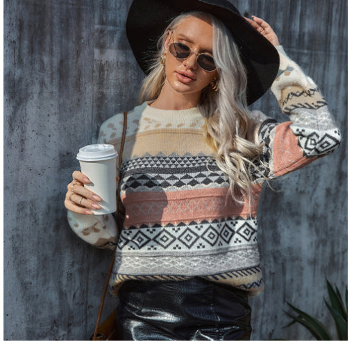Dames Warme Trendy Gebreide Trui met Aztec Folklore Print | Rensy
