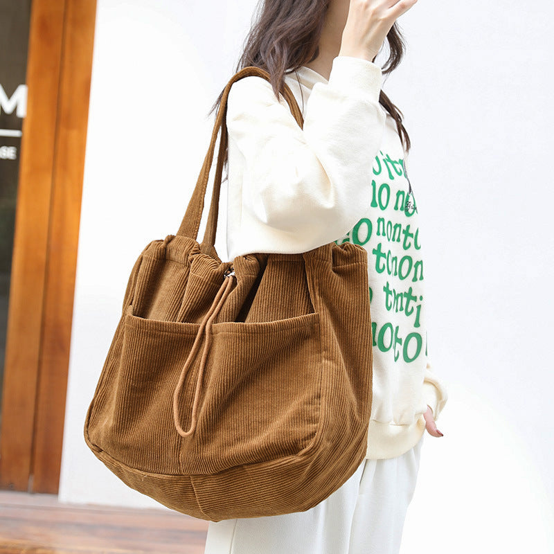 Dames Vintage Look Ribfluwelen Schoudertas met Trekkoord | Lena