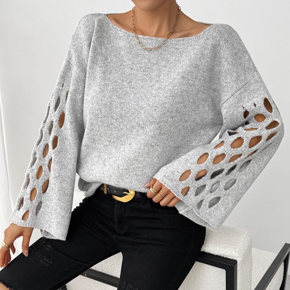 Dames Trendy Elegante Boot Hals Sweater met Opengewerkte Mouwen | Reveline