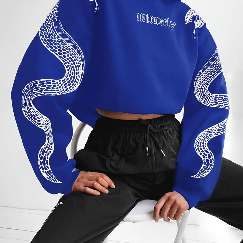 Dames Trendy Casual Korte Hoodie met Slangen Print | Serelina