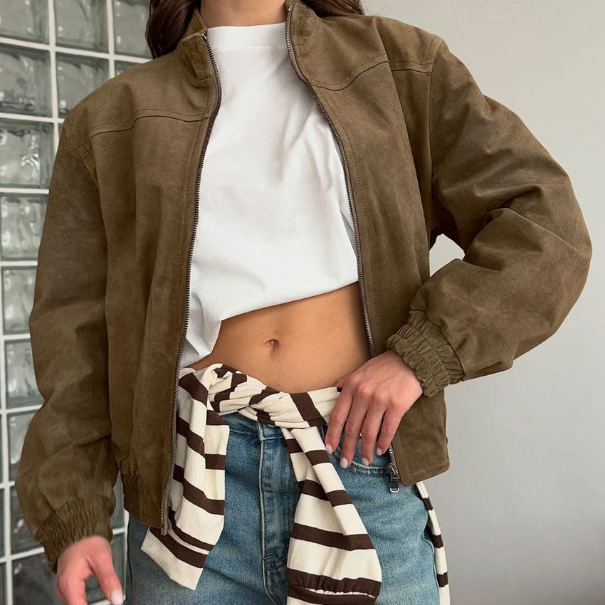 Dames Vintage Look Faux Suede Bomber Jas met Opstaande kraag en Rits | Besita