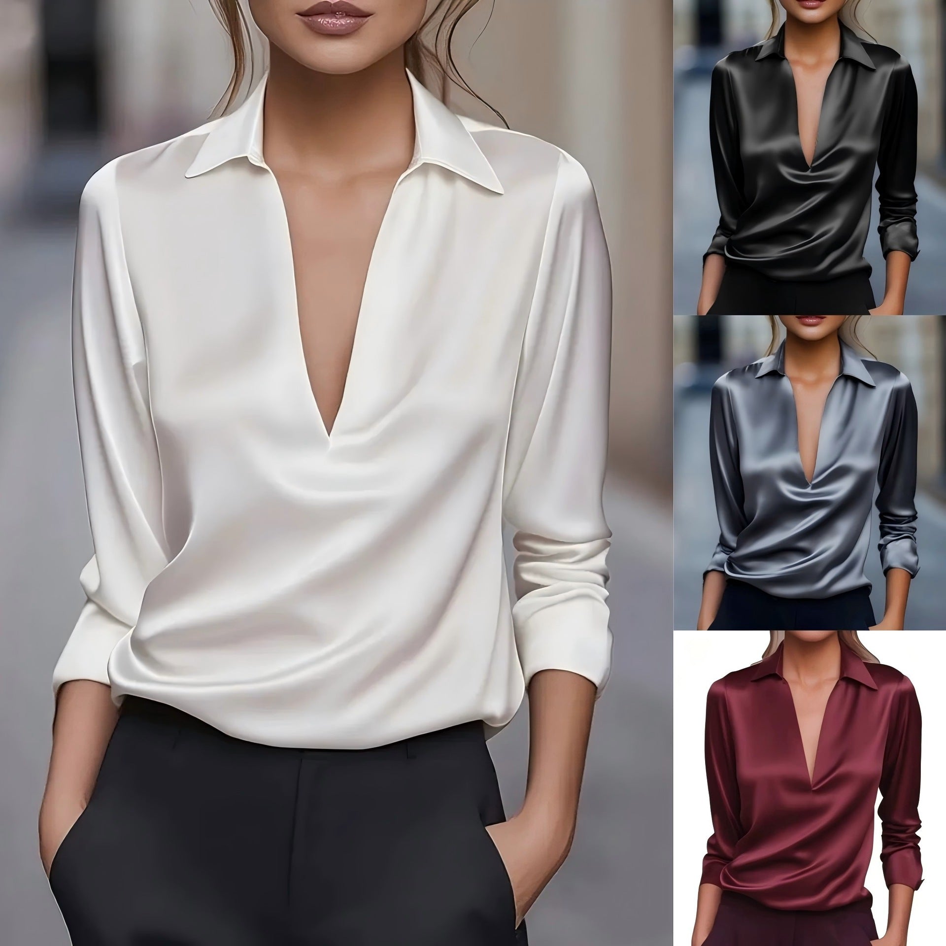Dames Stijlvolle Veelzijdige Satijnen Look Blouse met V-hals | Havanna
