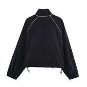 Dames Sportieve Koreaanse Style Zwarte Nylon Jas met Rits en Contrast Details | Brynna