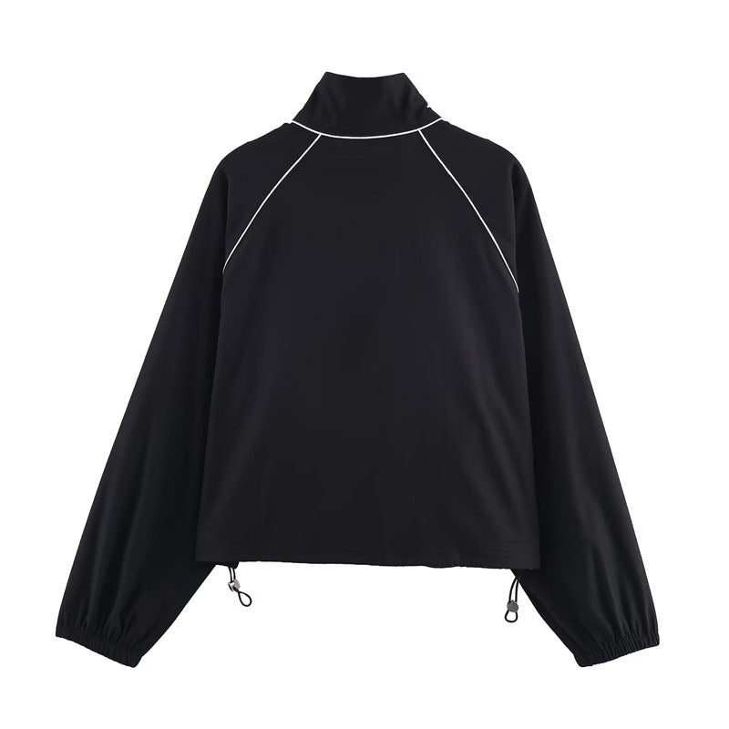 Dames Sportieve Koreaanse Style Zwarte Nylon Jas met Rits en Contrast Details | Brynna