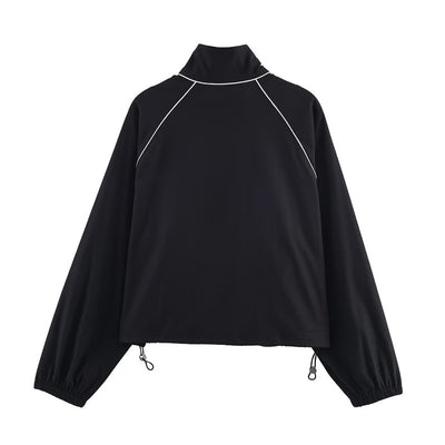 Dames Sportieve Koreaanse Style Zwarte Nylon Jas met Rits en Contrast Details | Brynna