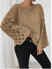 Dames Trendy Elegante Boot Hals Sweater met Opengewerkte Mouwen | Reveline