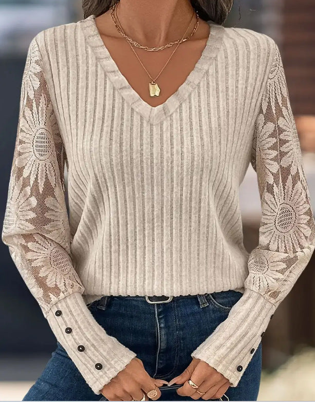 Dames Elegante Stijlvolle V-hals Trui met Kantmouwen en Knopen | Ramy