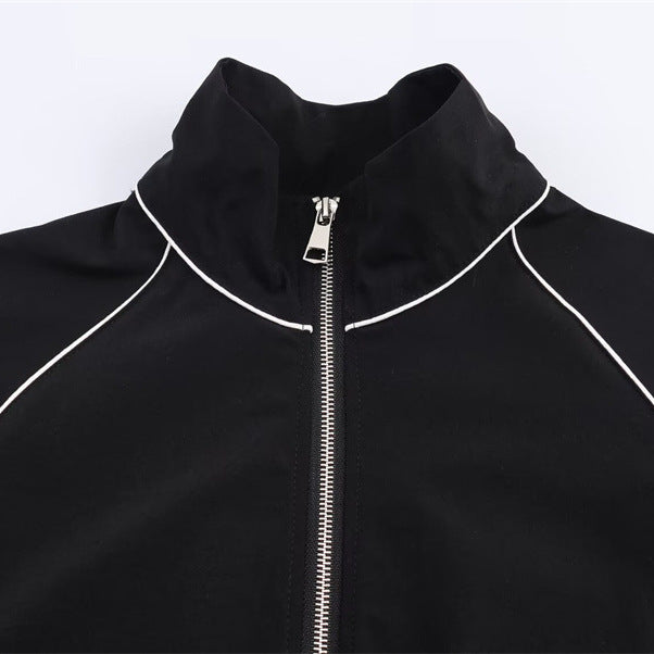 Dames Sportieve Koreaanse Style Zwarte Nylon Jas met Rits en Contrast Details | Brynna