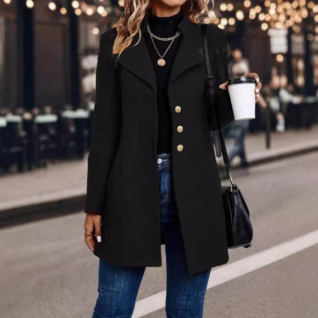 Dames Elegante Warme Wollen Look Mantel met Reverskraag | Baressa