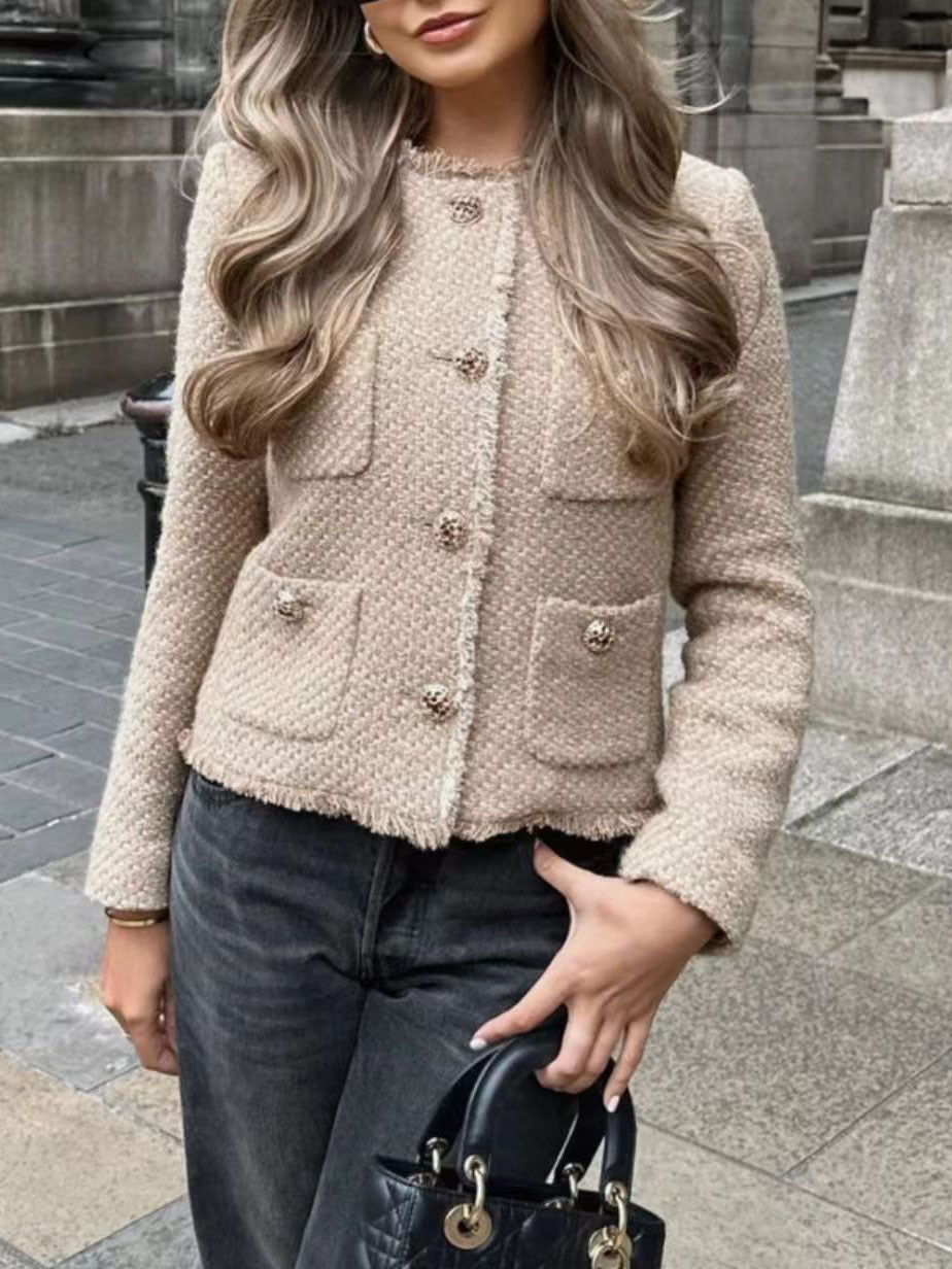 Dames Stijlvolle Trendy Parijs Style Boucle Jas met Gouden Knopen en Zakken | Balencia