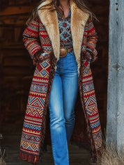 Dames Unieke Warme Lange Jas met Aztec Patroon en Faux Fur Kraag | BIbi