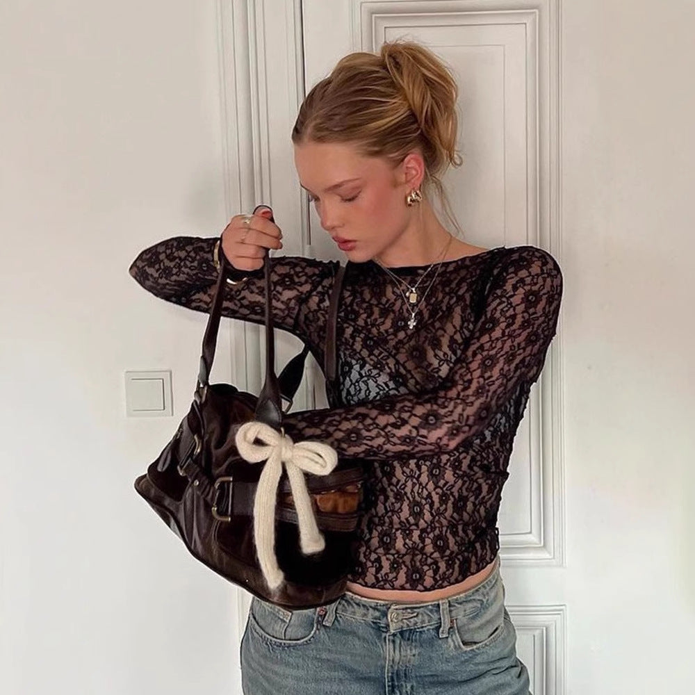 Dames Elegante Kanten Crop Top met Lange Mouwen | Tishan