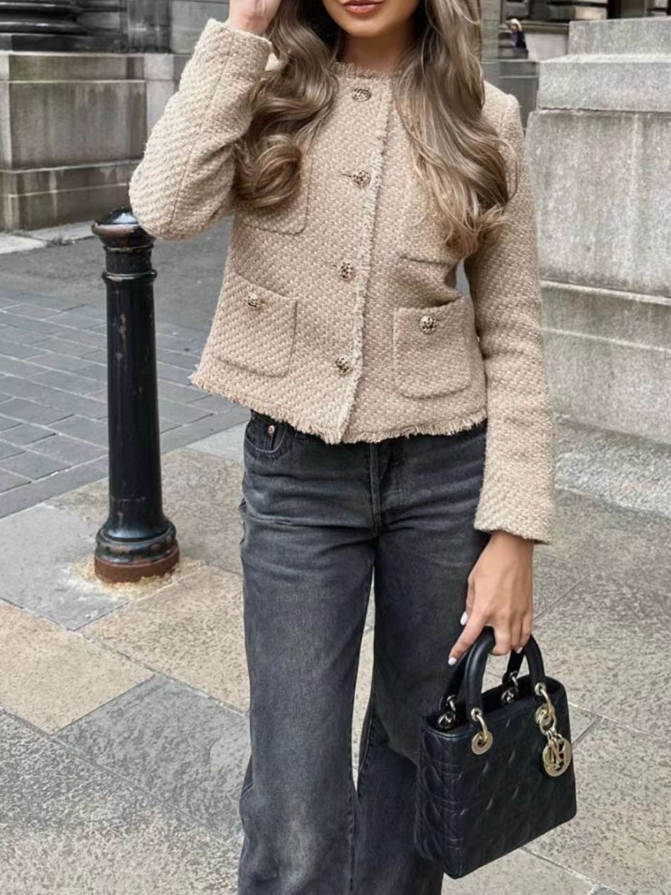 Dames Stijlvolle Trendy Parijs Style Boucle Jas met Gouden Knopen en Zakken | Balencia