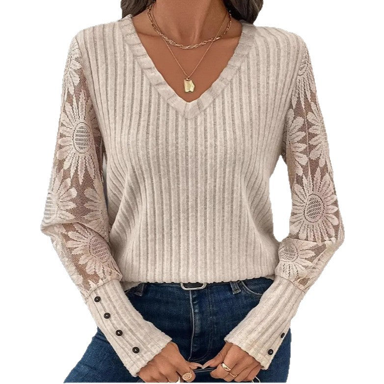 Dames Elegante Stijlvolle V-hals Trui met Kantmouwen en Knopen | Ramy