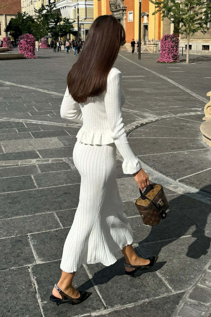 Dames Franse Style Gebreide Tweedelige Set met Lange Rok en Vest met Knopen | Davina