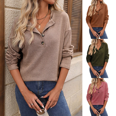 Dames Basic Veelzijdige Trendy Geribde Lange Mouwen Top met Knopen | Tamia