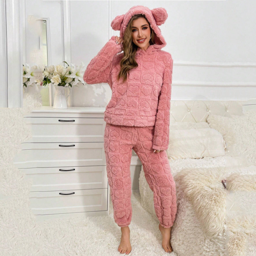 Dames Comfortabele Trendy Teddy Pyjama Set met Oortjes en Hartjes Print | Fedde