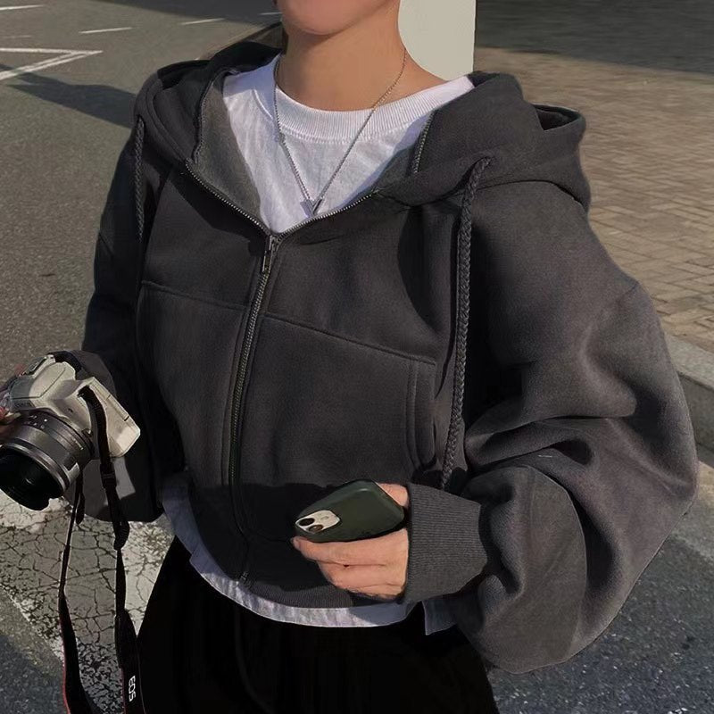 Dames Basic Veelzijdige Korte Hoodie met Rits en Zakken | Selviana