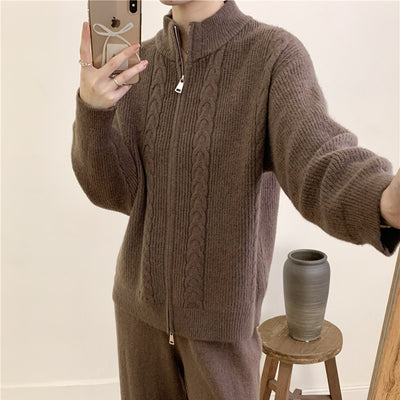 Dames Stijlvolle Tweedelige Gebreide Set met Rits Trui en Broek | Dimisa