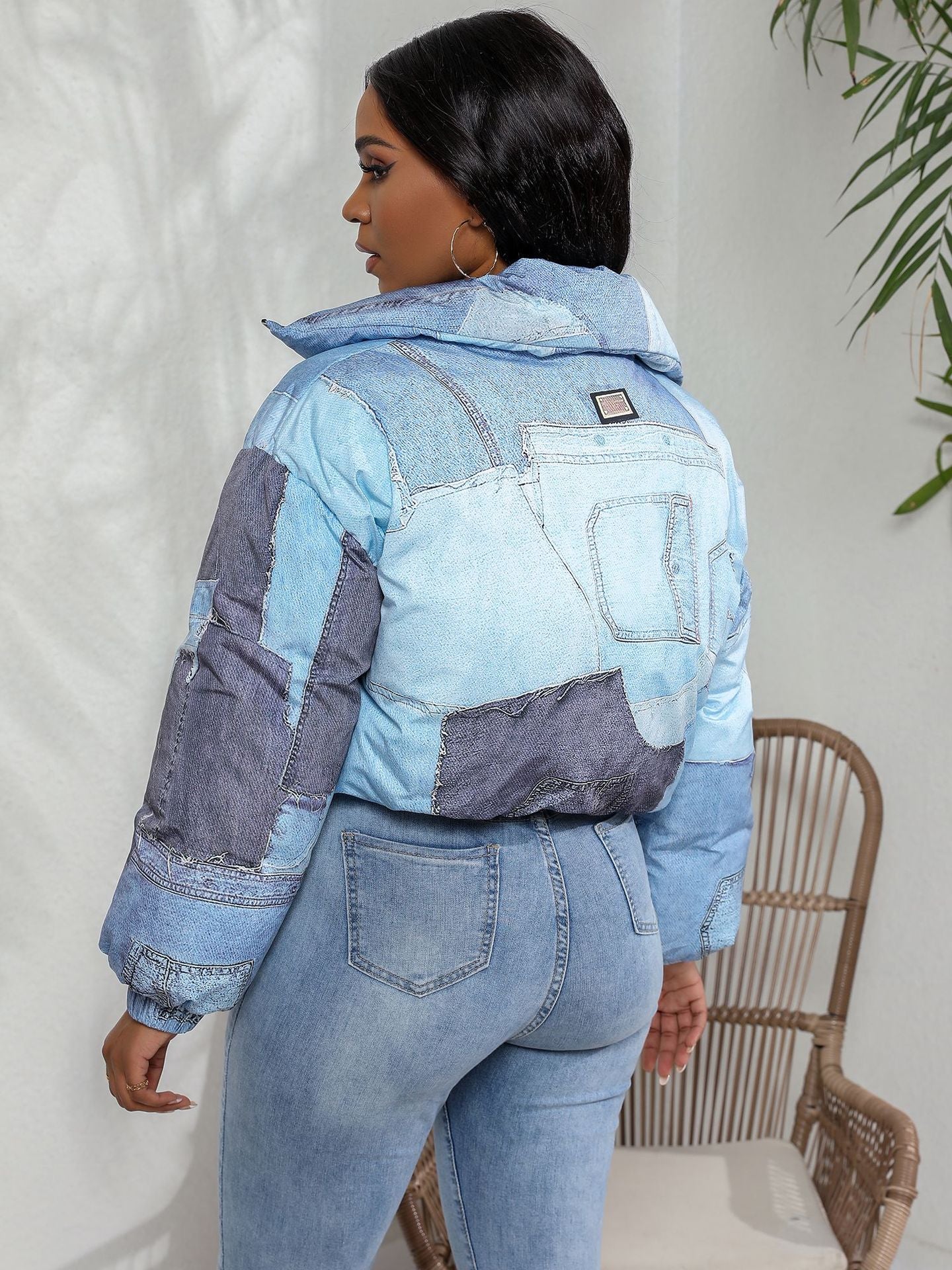 Dames Hippe Warme Puffer Jas met Denim Print | Bylola