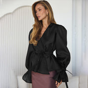Dames Elegante Wikkelblouse met Strikceintuur en Wijde Mouwen | Hayda