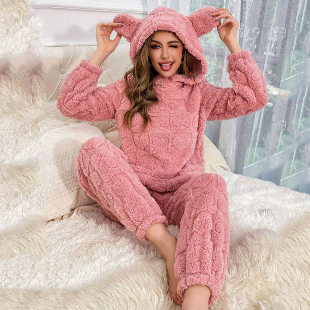 Dames Comfortabele Trendy Teddy Pyjama Set met Oortjes en Hartjes Print | Fedde